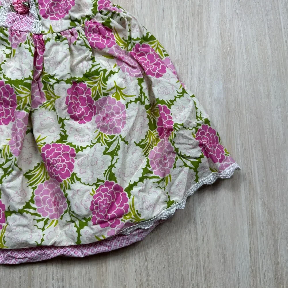 Haute Baby Pink Green Floral Cottagecore Lace Rosette Halter Sundress Dress 3T
